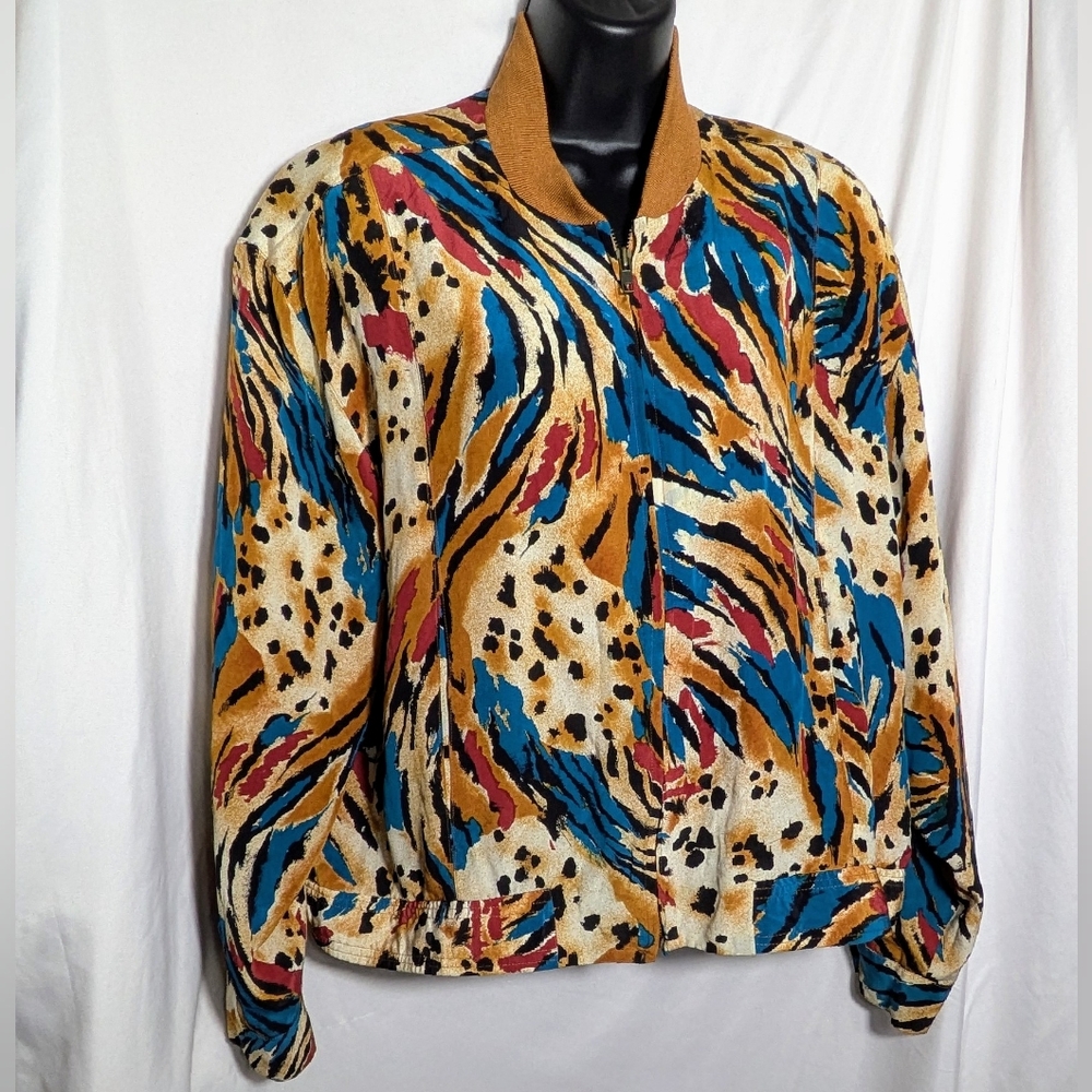 Women's Vintage 90's Paul Alexander Multicolored Silk Bomber Jacket |‎ Size 10